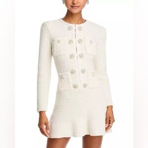 Self-Portrait Long Sleeve Tweed Mini Dress, Cream, Small